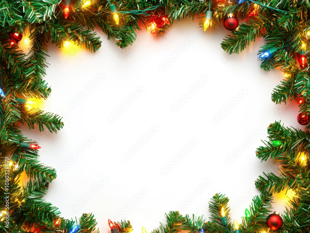 Festive Christmas garland with lights on a white background Festive Christmas garland with lights on a white background