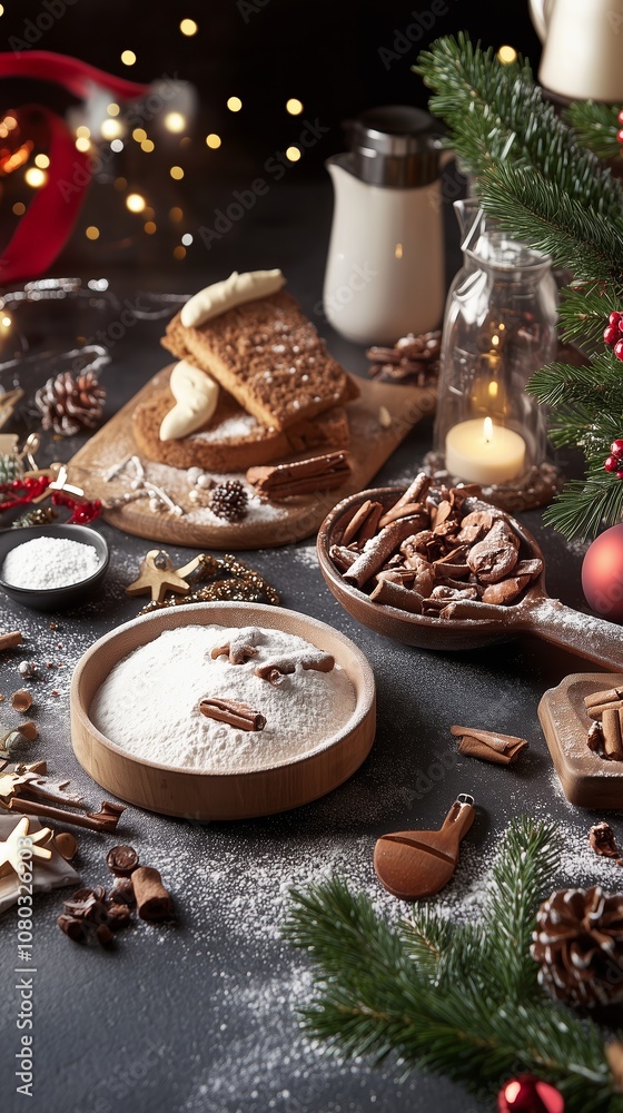 Fototapeta premium A bowl of flour and cinnamon sticks sits on a dark countertop, surrounded by Christmas decorations, a wooden spoon, and a bowl of cinnamon sticks