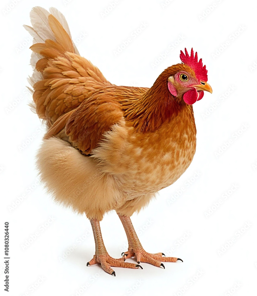 Fototapeta premium Single chicken against white background, golden-brown plumage