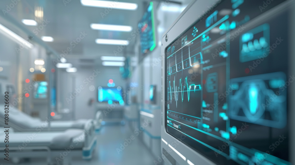 Medical technology hospital setting showcasing use computer technologies for treatment. Concept Hospital Technologies Medical technology hospital setting showcasing use computer technologies for treatment. Concept Hospital Technologies