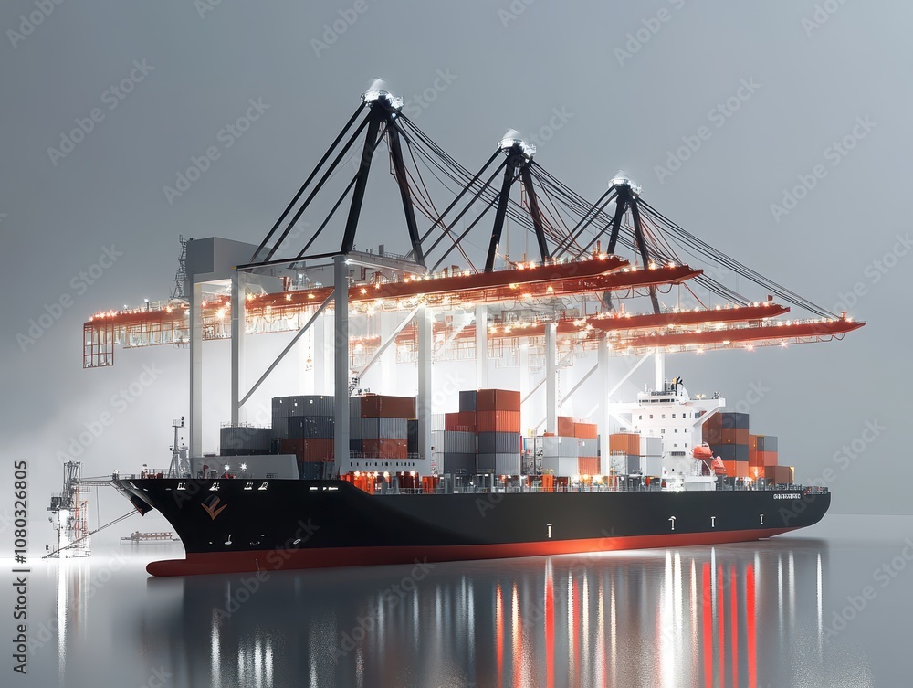Fototapeta premium Large cargo ship unloading containers onto electric cranes, port logistics, energyefficient transport