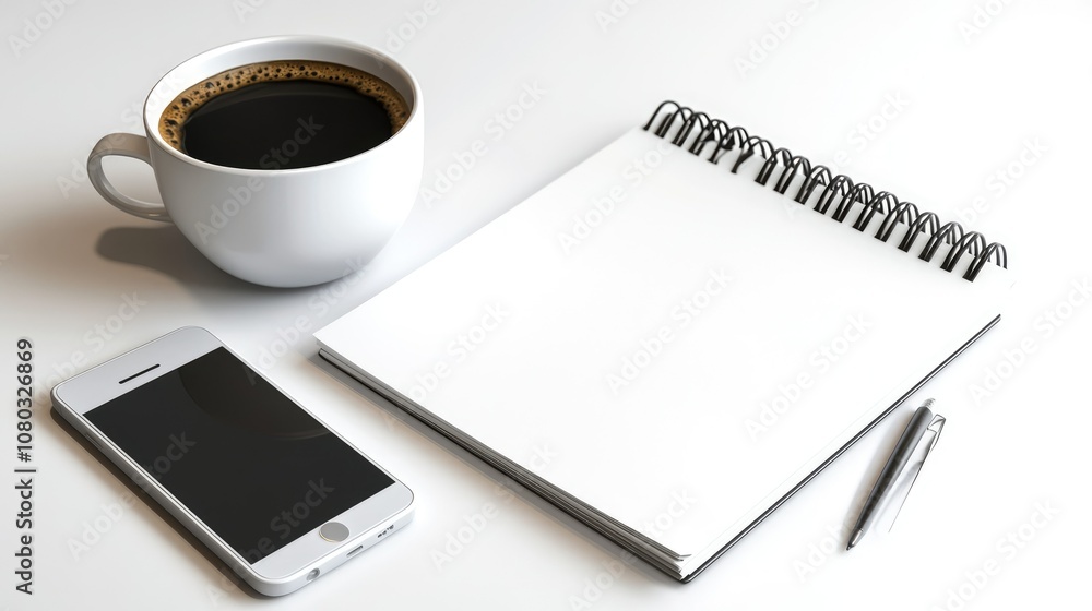 A cozy workspace featuring a cup of coffee, a blank notebook, a smartphone, and a pen positioned on a minimalistic white surface ideal for creative inspiration A cozy workspace featuring a cup of coffee, a blank notebook, a smartphone, and a pen positioned on a minimalistic white surface ideal for creative inspiration