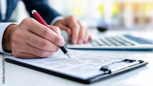 Close-Up of Businessman Completing Important Documents with Pen and Calculator in Office Setting, Showcasing Professional Productivity and Attention to Detail