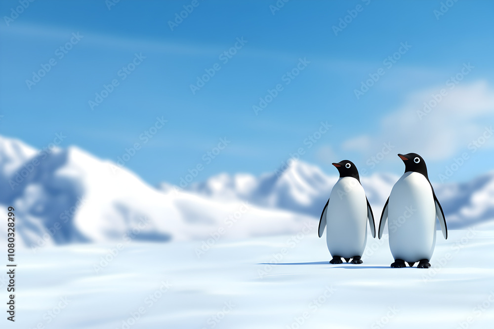 Obraz premium A tranquil scene of a family of penguins waddling on the ice, showcasing their playful nature. Penguins enjoying a day on the ice.