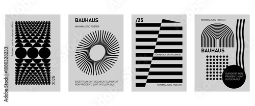 Posters with silhouette minimalistic basic figures, extraordinary graphic assets of geometrical shapes.  Trendy bauhaus pattern backgrounds.