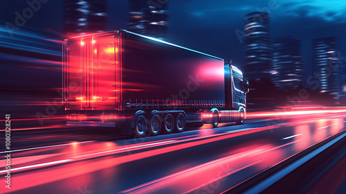 Motion blurred generic truck speeding on a nighttime highway, transporting goods to a nearby city