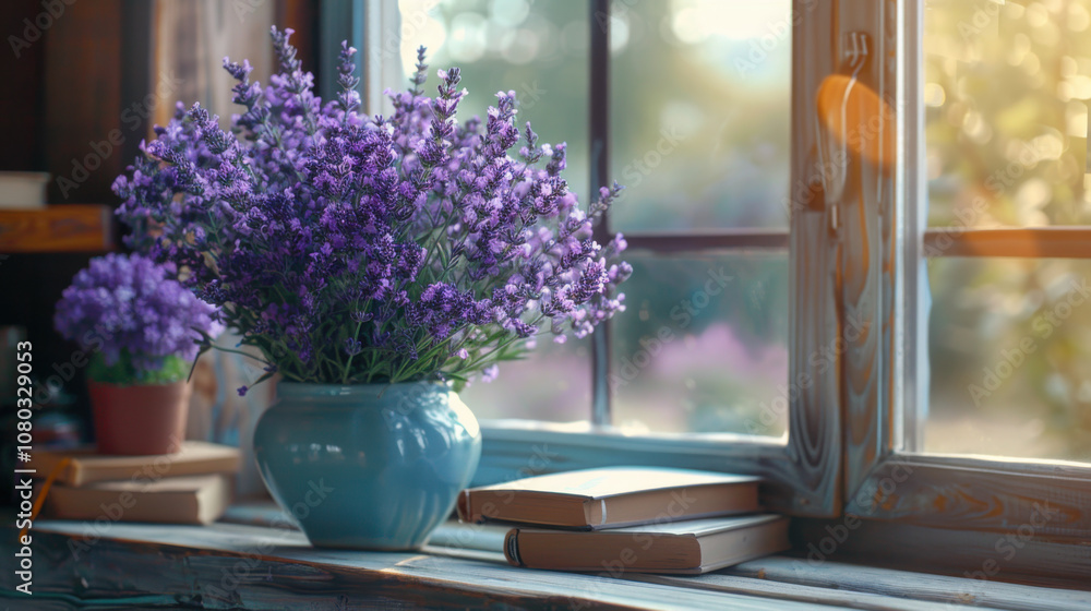 Beautiful lavender flowers and book on window sill indoors Beautiful lavender flowers and book on window sill indoors