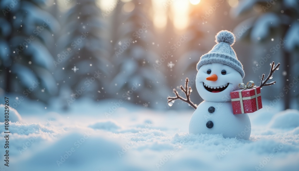 Fototapeta premium Happy snowman holding a gift in a snowy forest with soft sunlight and falling snow