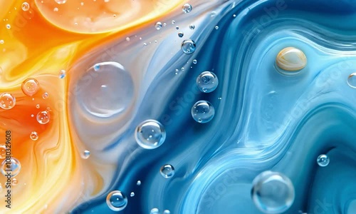 An artistic illustration of blue shampoo molecules neutralizing yellow and orange tones in hair