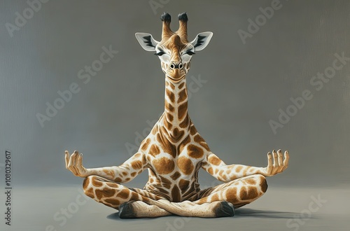 A giraffe in yoga attire meditates, the background is a blend of brown, blue, and turquoise, the colors of different shades are combined with each other photo