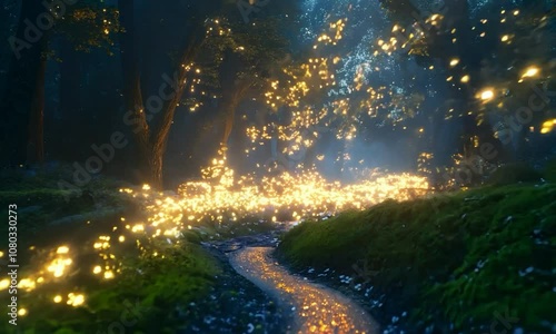 Photo of Enchanted forest with fireflies background