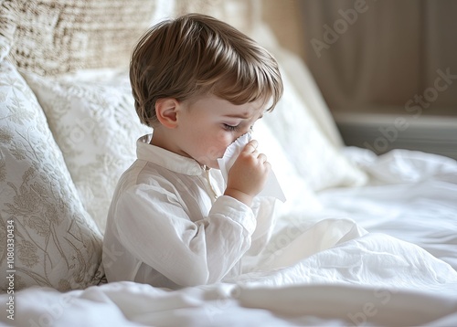Wallpaper Mural A little boy is ill and has the audacity to sneeze into his handkerchief while sitting in bed, holding it up with both hands Torontodigital.ca