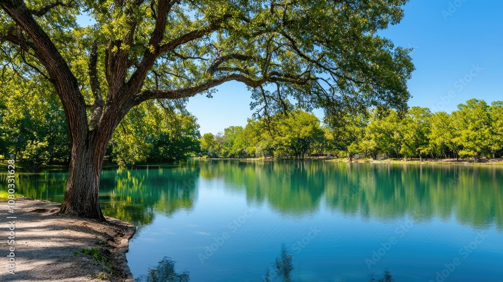 Serene lake with clear turquoise water and lush green trees under a clear blue sky. Serene lake with clear turquoise water and lush green trees under a clear blue sky.