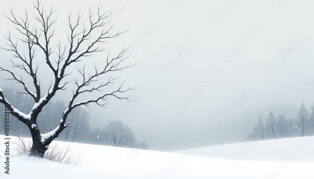 Snowy landscape with minimalistic design and melancholic mood featuring a lone tree Snowy landscape with minimalistic design and melancholic mood featuring a lone tree