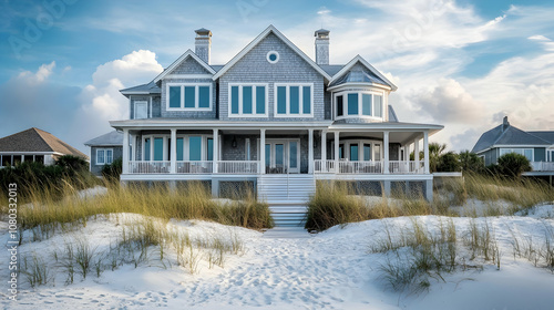 Nantucket shingle style beach estate with private dunes and lighthouse views, classic New England coastal sanctuary photo