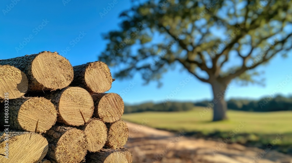 Stacked tree logs in a scenic landscape with a large tree under a clear blue sky. Stacked tree logs in a scenic landscape with a large tree under a clear blue sky.