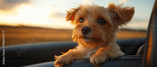 Joyful dog relishing a car ride, head out the window, ears fluttering, basking in the sun's warmth, carefree adventure