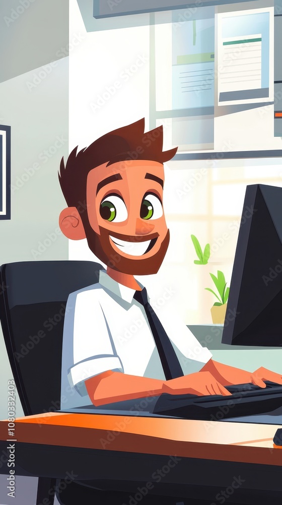Cartoon Man Smiling at Office Desk Cartoon Man Smiling at Office Desk