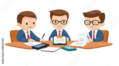 Three Young Professionals Engaged in Collaborative Work Around a Table with Documents, Calculator, and Clipboards in a Bright Office Environment