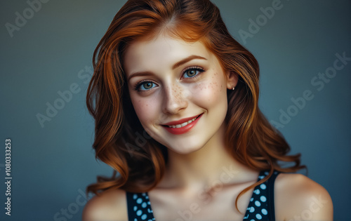 Confident Woman with Vibrant Red Hair Smiling in Black and White Polka Dot Bra, Against a Simple Grey Background photo