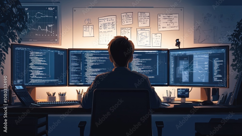 Programmer coding at multiple monitors Programmer coding at multiple monitors