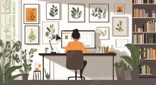 Woman designing in nature-inspired workspace 