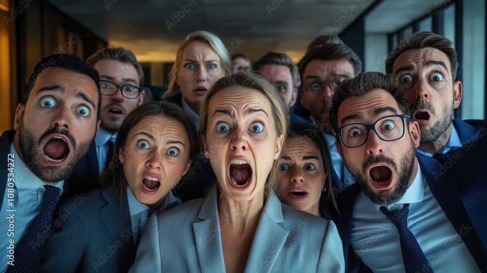 A Group of Shocked Office Workers Express Surprise and Disbelief in an Intense Meeting at a Modern Corporate Office During the Afternoon A Group of Shocked Office Workers Express Surprise and Disbelief in an Intense Meeting at a Modern Corporate Office During the Afternoon