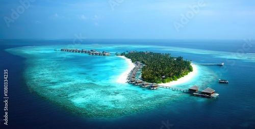 An aerial view of the Maldives, showcasing an island with multiple overwater bungalows facing the camera and a pier connecting to it.