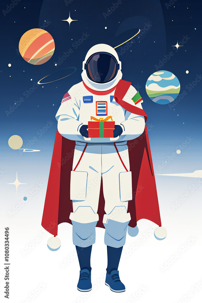 Christmas Astronaut with Gift in Minimal Flat Style Christmas Astronaut with Gift in Minimal Flat Style
