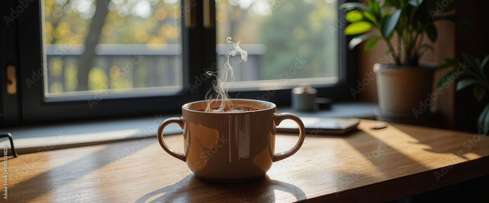 A white coffee cup with a brown swirl on top sits on a wooden table. The scene is cozy and inviting, with a view of the outside world through the window A white coffee cup with a brown swirl on top sits on a wooden table. The scene is cozy and inviting, with a view of the outside world through the window