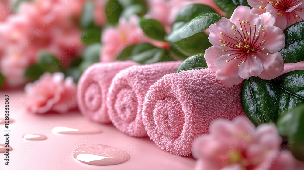 Soft pink towels surrounded by flowers and leaves for relaxation. Soft pink towels surrounded by flowers and leaves for relaxation.