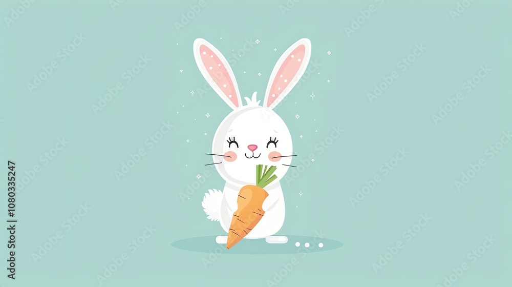 Fototapeta premium A cartoon bunny rabbit holding a carrot, on a blue background.