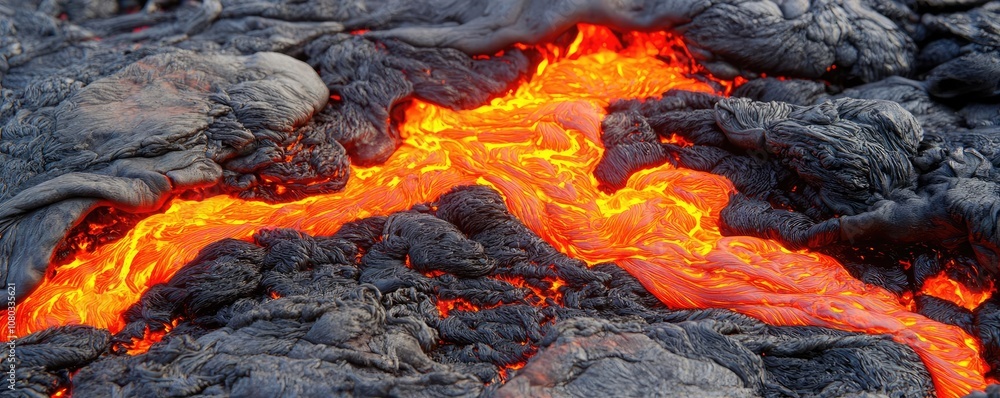 Lava flow glows red and orange against dark volcanic rock, isolated background Lava flow glows red and orange against dark volcanic rock, isolated background