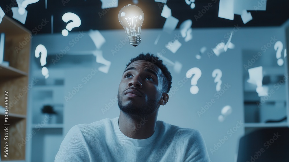 A Man Engaged in Creative Thinking, Observing Ideas Represented by Floating Question Marks and a Light Bulb in a Minimalist Workspace During Evening Hours A Man Engaged in Creative Thinking, Observing Ideas Represented by Floating Question Marks and a Light Bulb in a Minimalist Workspace During Evening Hours