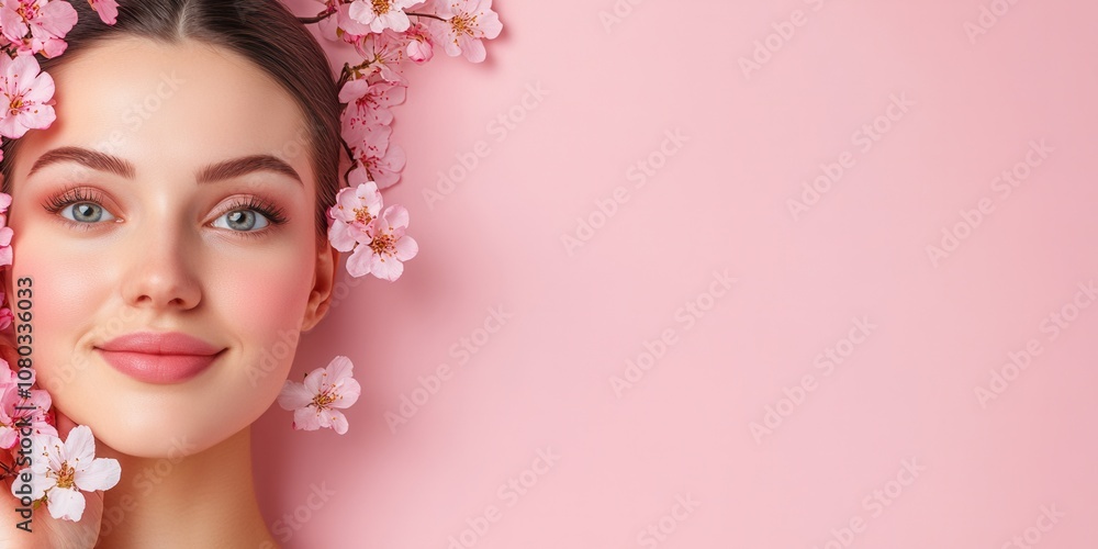 A Woman With Beautiful Radiant Skin Framed by Pink Cherry Blossoms Against a Soft Pastel Background, Embodying Freshness and Natural Beauty During Spring A Woman With Beautiful Radiant Skin Framed by Pink Cherry Blossoms Against a Soft Pastel Background, Embodying Freshness and Natural Beauty During Spring