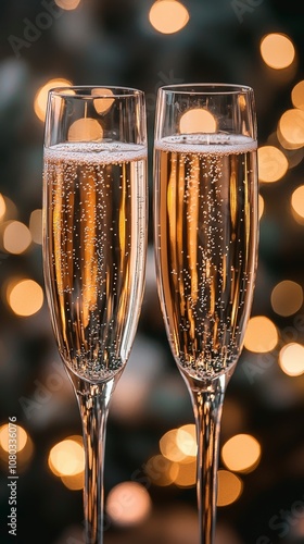 Two champagne glasses standing side by side, surrounded by a bokeh of warm lights. Perfect for romantic evenings, celebrations, or luxury-themed events.