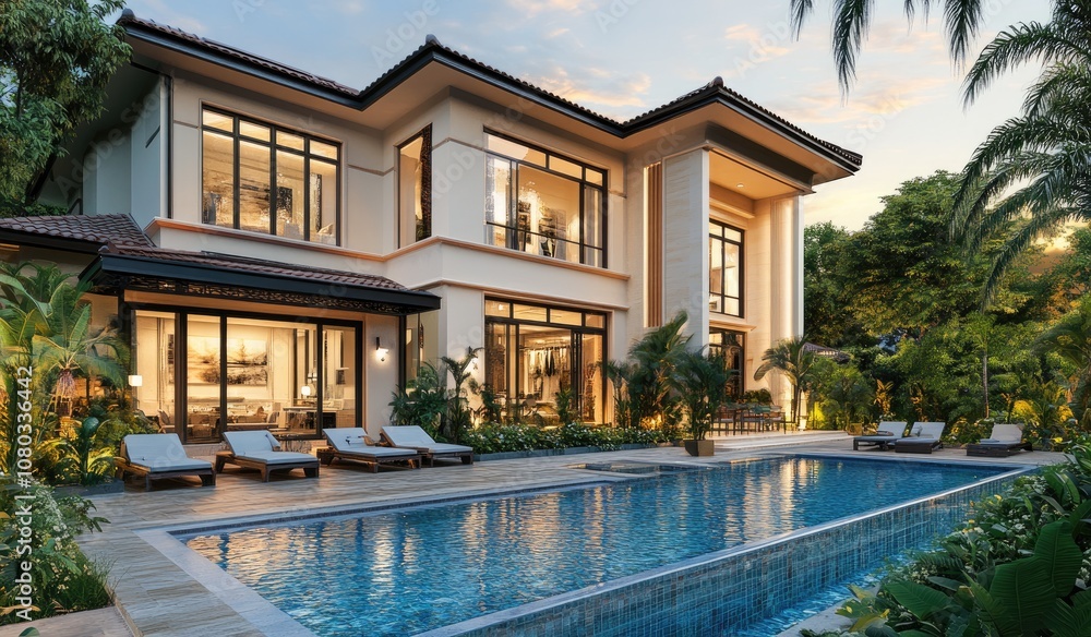 Modern house with a pool and garden, large windows and a terrace Modern house with a pool and garden, large windows and a terrace