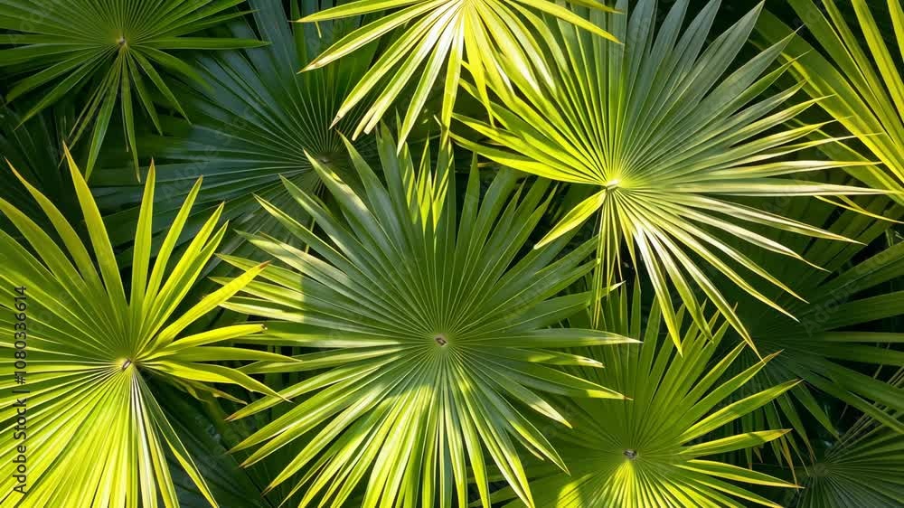 Green palm leaves are illuminated by the sun in a tropical garden Green palm leaves are illuminated by the sun in a tropical garden