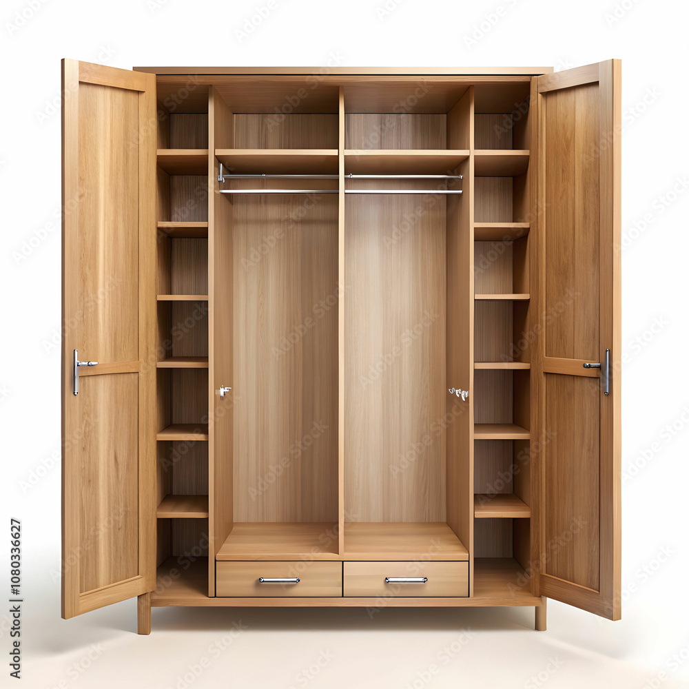 Empty open wooden wardrobe isolated on the white background 3d illustration Empty open wooden wardrobe isolated on the white background 3d illustration
