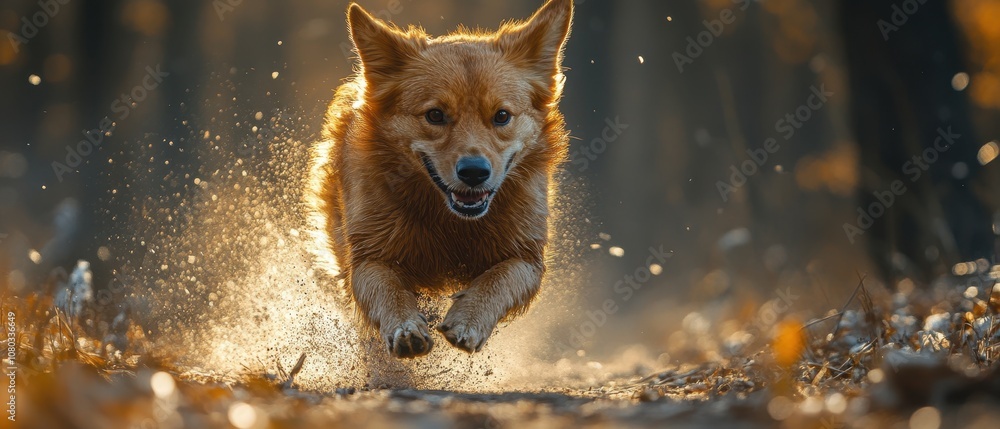 Energetic canine sprinting through a vibrant forest trail, showcasing agility and joy in a lively natural setting Energetic canine sprinting through a vibrant forest trail, showcasing agility and joy in a lively natural setting