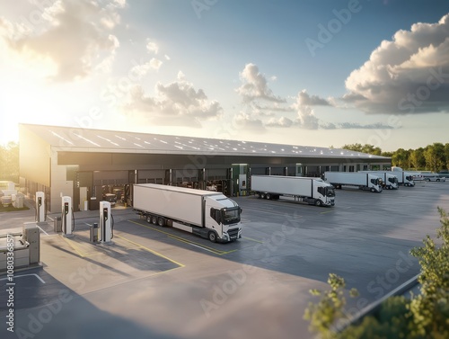 An ecofriendly logistics park with electric vehicle charging stations, sustainable logistics, green transport network
