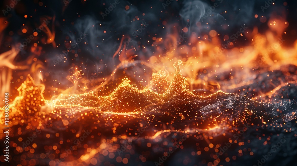 Glowing Embers, Fire, And Smoke Burning Hot Coals With Sparking Orange Flame, Abstract Background. Glowing Embers, Fire, And Smoke Burning Hot Coals With Sparking Orange Flame, Abstract Background.