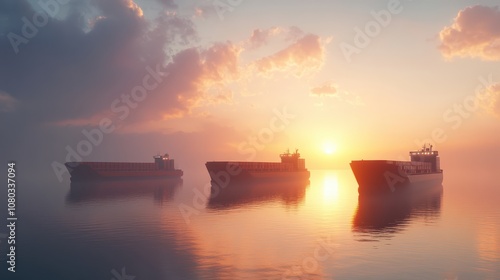 A serene port landscape with selfsailing cargo vessels at dawn, autonomous shipping, quiet logistics innovation photo