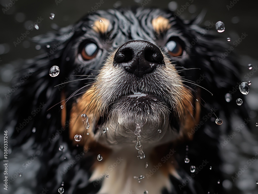 Dog energetically shaking off water after a refreshing swim, droplets suspended in mid-air, showcasing motion and vitality. Dog energetically shaking off water after a refreshing swim, droplets suspended in mid-air, showcasing motion and vitality.