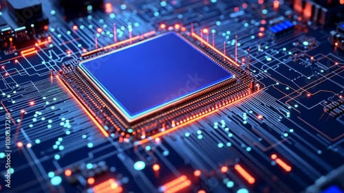 A computer chip is shown in a blue and red color scheme