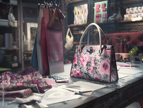 A stylish handbag amidst colorful fabrics and design sketches in a creative workspace. photo