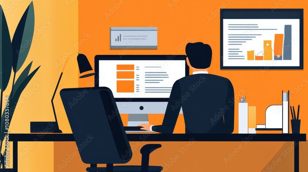 Man working in orange-themed office Man working in orange-themed office