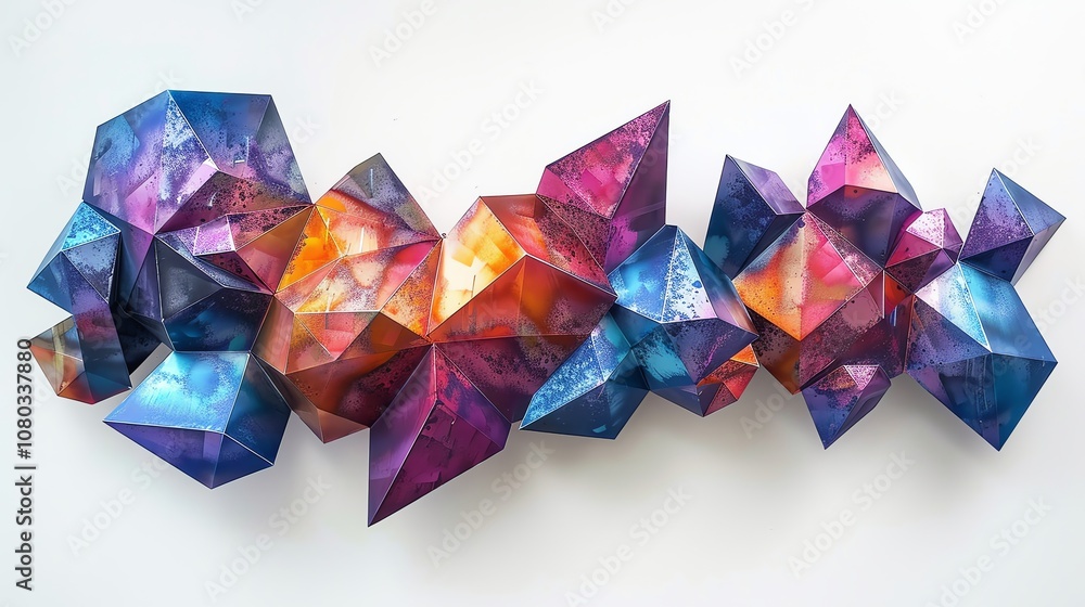 Abstract colorful geometric shapes arranged in a row against a white background.