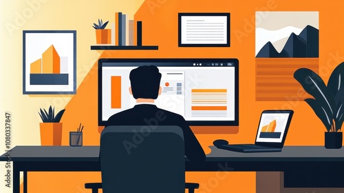 Man working in orange-themed office 