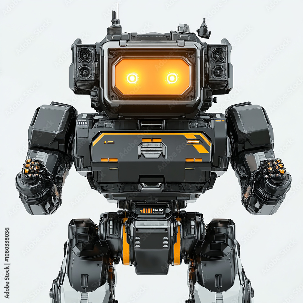 A futuristic robot with orange glowing eyes, black and yellow body, looking at the camera with its hands up. A futuristic robot with orange glowing eyes, black and yellow body, looking at the camera with its hands up.